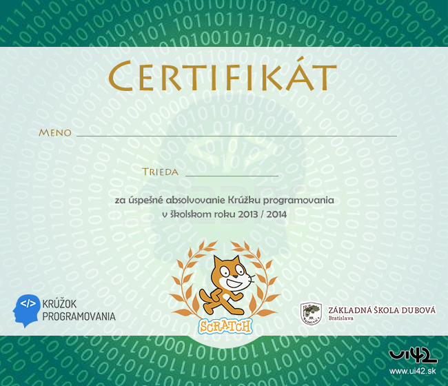 Krúžok programovania ZŠ Dubová certifikát